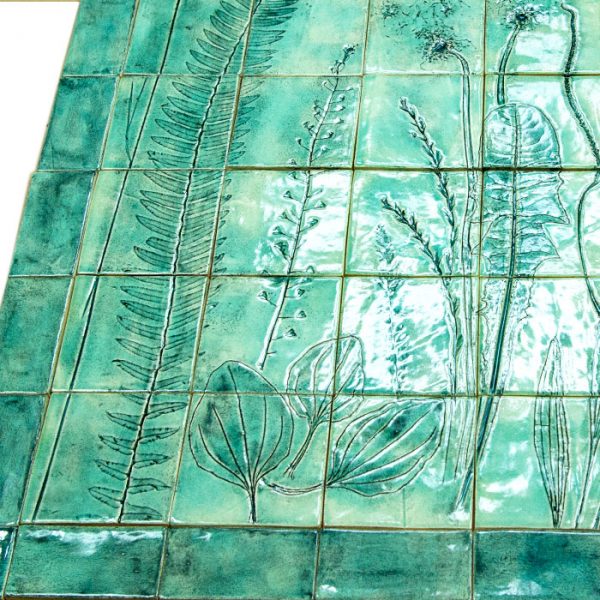 Handmade turquoise blue bathroom tiles with floral pattern - Image 2